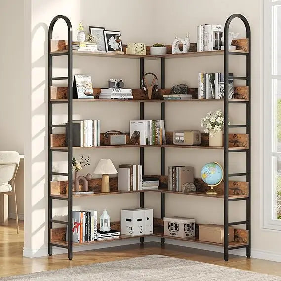 5-Tier L-Shaped Corner Bookcase – White & Gold Modern Display Shelf with Adjustable Feet & Anti-Tip Design