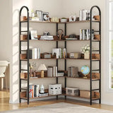 5-Tier L-Shaped Corner Bookcase – White & Gold Modern Display Shelf with Adjustable Feet & Anti-Tip Design