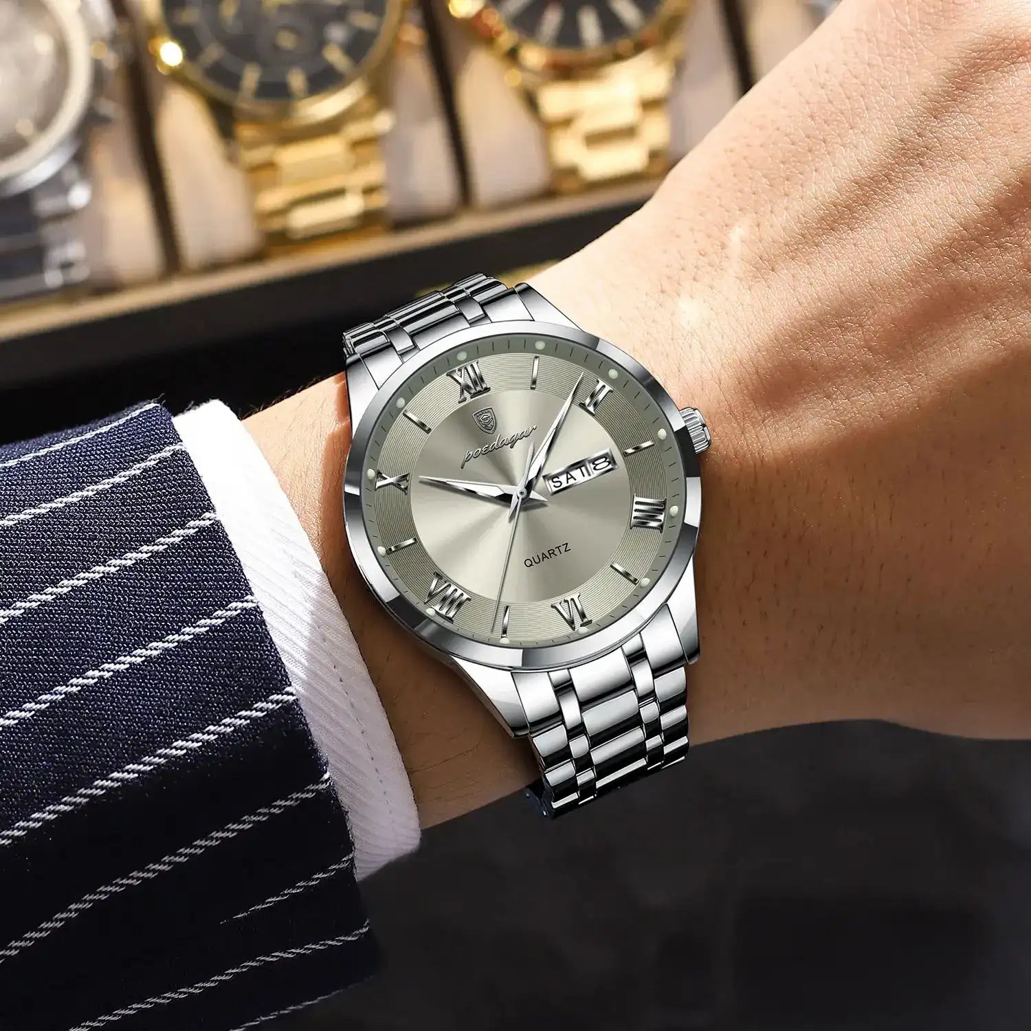 Poedagar Men’s Business Watch – Stainless Steel Waterproof Quartz Wristwatch with Luminous Dial & Date/Week Display