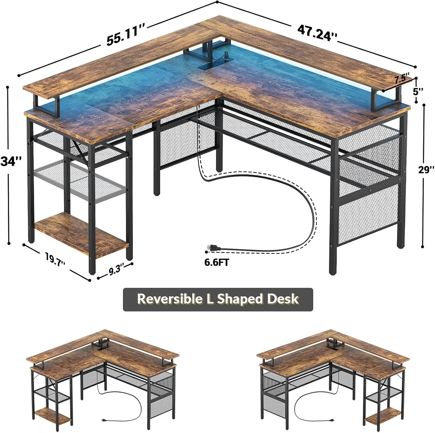Modern L-Shaped Desk with LED Lights & Power Outlet – Reversible Corner Computer Table with Monitor Stand & Storage Shelf