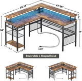 Modern L-Shaped Desk with LED Lights & Power Outlet – Reversible Corner Computer Table with Monitor Stand & Storage Shelf