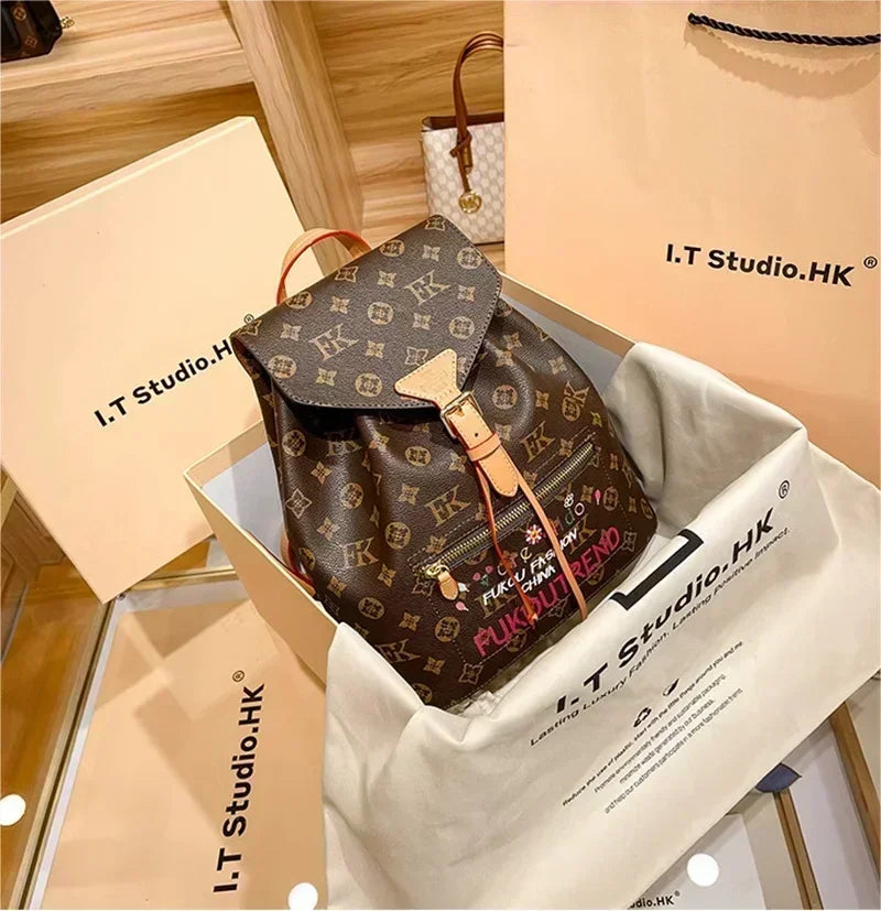 Luxury Genuine Leather Monogram Backpack – Designer Casual Brown Bag
