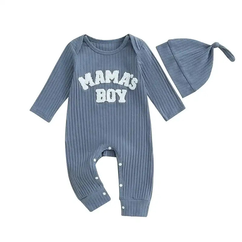 Letter-Embroidered Ribbed Long-Sleeve Baby Boy Bodysuit with Hat – Fall Outfit Jumper for 0-24 Months