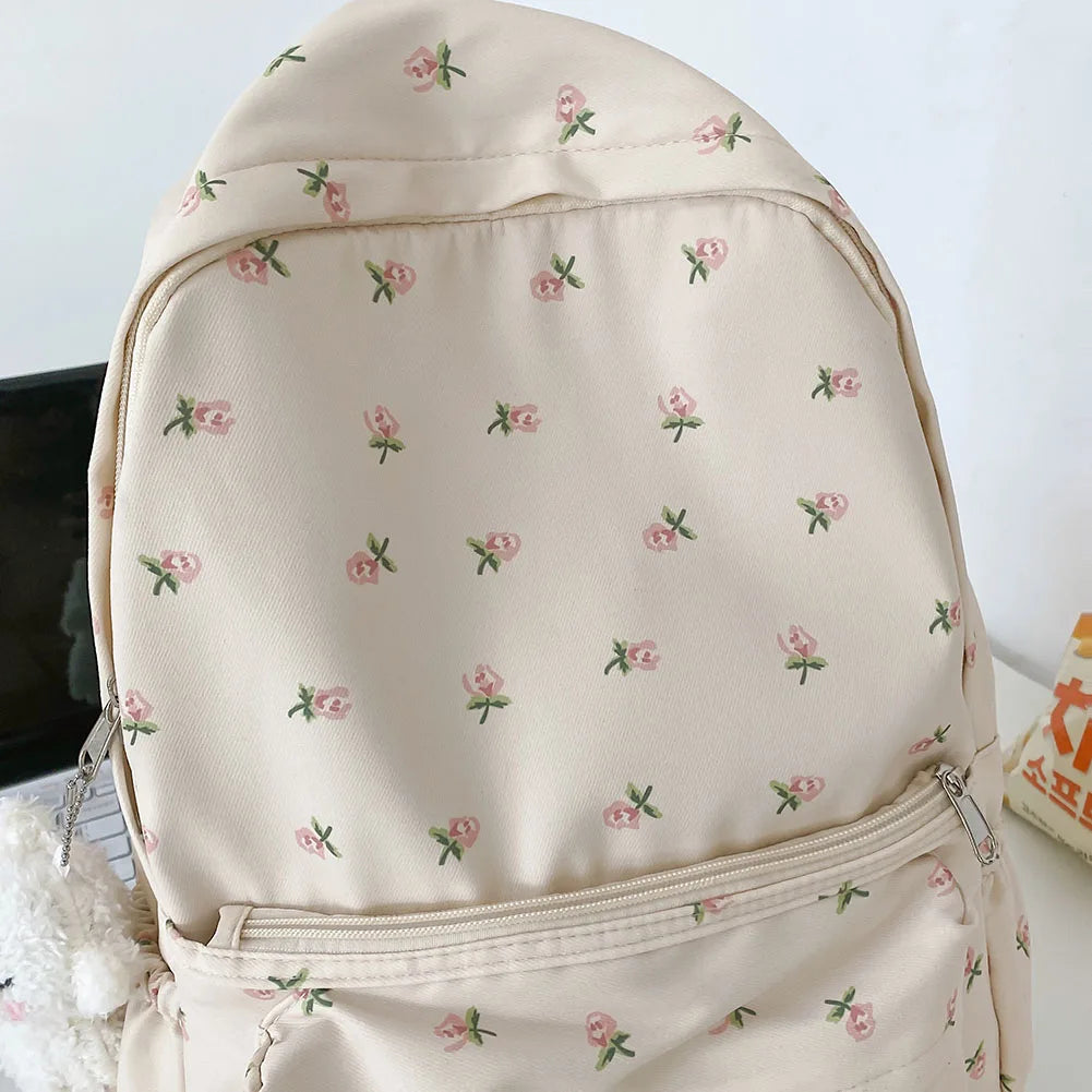 Fashion Floral Backpack with Pendant – Large Capacity College & School Bookbag for Students