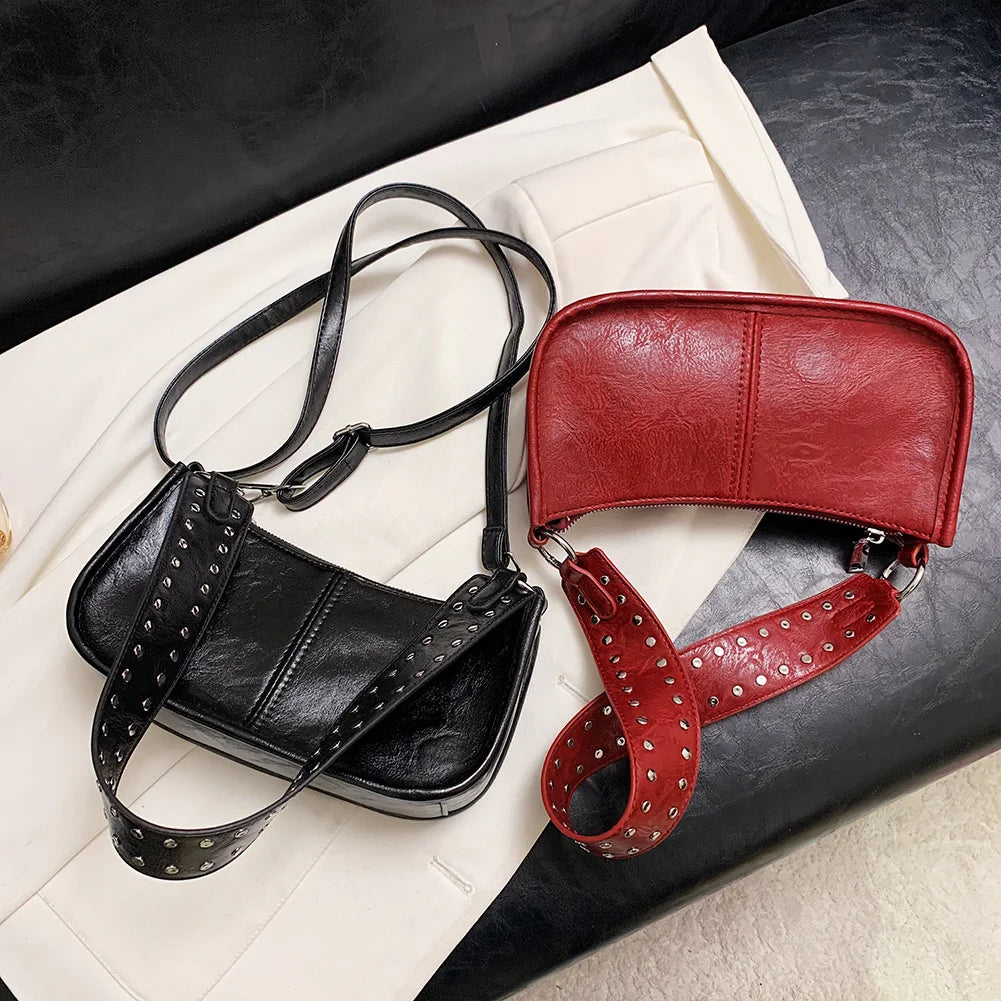 Studded Decor Under-Arm Satchel Bag – Adjustable Strap PU Leather Daily Shoulder Bag for Women