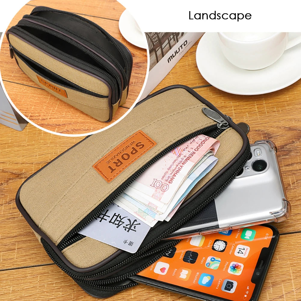 Men’s Outdoor Sports Waist Bag – Multi-Pocket Canvas Coin Pouch & Zipper Change Purse