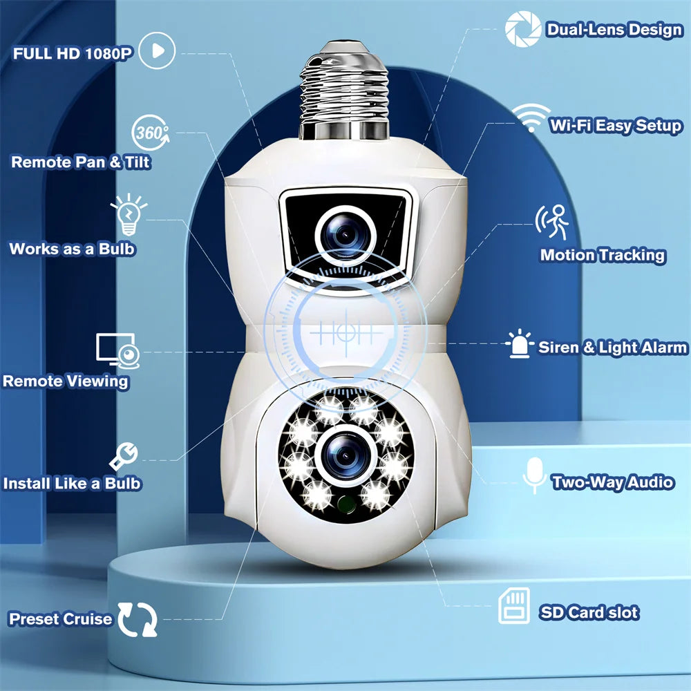 E9 Smart Bulb Dual-Lens 1080p WiFi Camera – Wireless Indoor Security Light with 4 LED Night Vision & Dome Socket Design