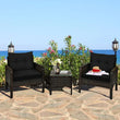 “3-Piece Rattan Patio Conversation Set – Outdoor Wicker Furniture with Black Cushions & Glass-Top Table for Garden, Porch, or Balcony”