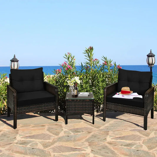 “3-Piece Rattan Patio Conversation Set – Outdoor Wicker Furniture with Black Cushions & Glass-Top Table for Garden, Porch, or Balcony”