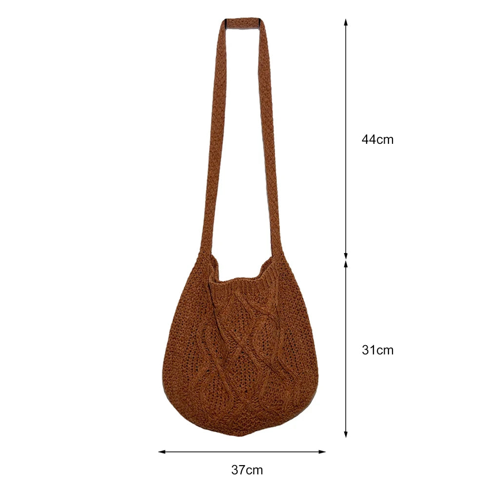 Wool-Knitted Shoulder Shopping Bag for Women – Vintage Cotton Cloth Tote, Large Crochet-Style Shopper Handbag