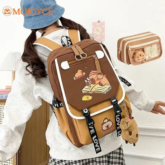 Capybara Flap Backpack with Pencil Case – Cute Nylon Animal Daypack for Teens