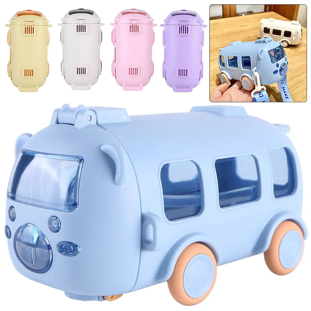 Bus-Shaped Cartoon Water Bottle – 500 ml Leakproof Kids Drinking Bottle with Movable Wheels & Strap