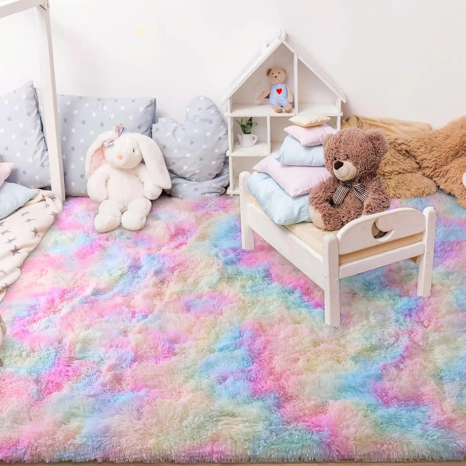 Soft Fluffy Rainbow Rug – Colorful Shaggy Carpet for Girls’ Bedroom, Nursery & Playroom Décor