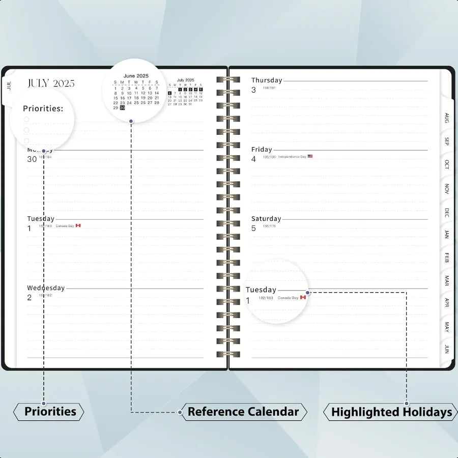 2025–2026 Daily, Weekly & Monthly Planner – Spiral Agenda with Tabs, Inner Pocket & Notes Pages