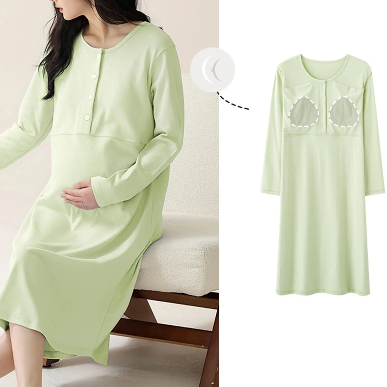 Women’s Maternity Winter Pajama Dress – Cotton Long Sleeve Nursing Clothes with Front Opening, Casual Homewear
