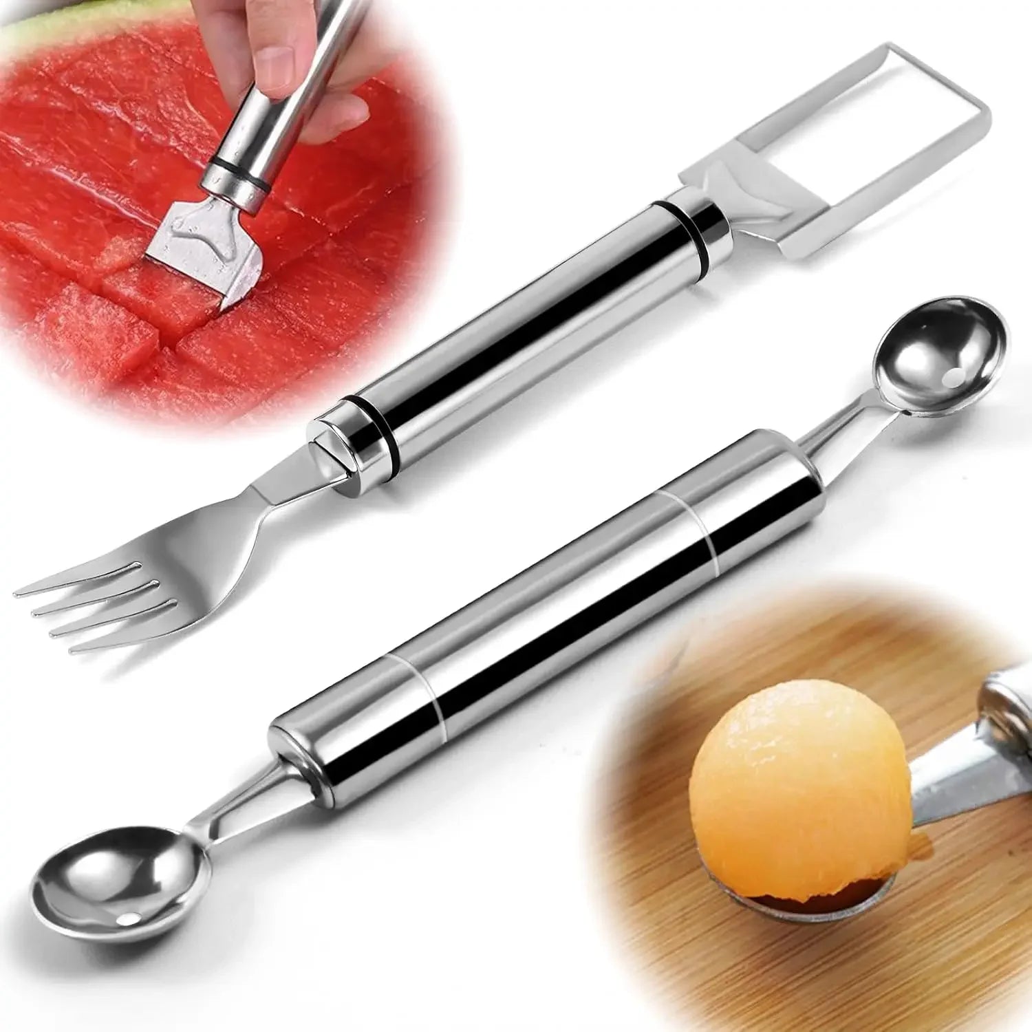 2PCS Stainless Steel Watermelon Slicer & Fruit Scoop – Dual-Head Cutter, Fork & Melon Baller 🍉✨