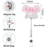 🌸 Pink Floral Stethoscope Bow Badge Reel – Sparkly Glitter Retractable ID Holder with Alligator Clip for Nurses & Medical Staff