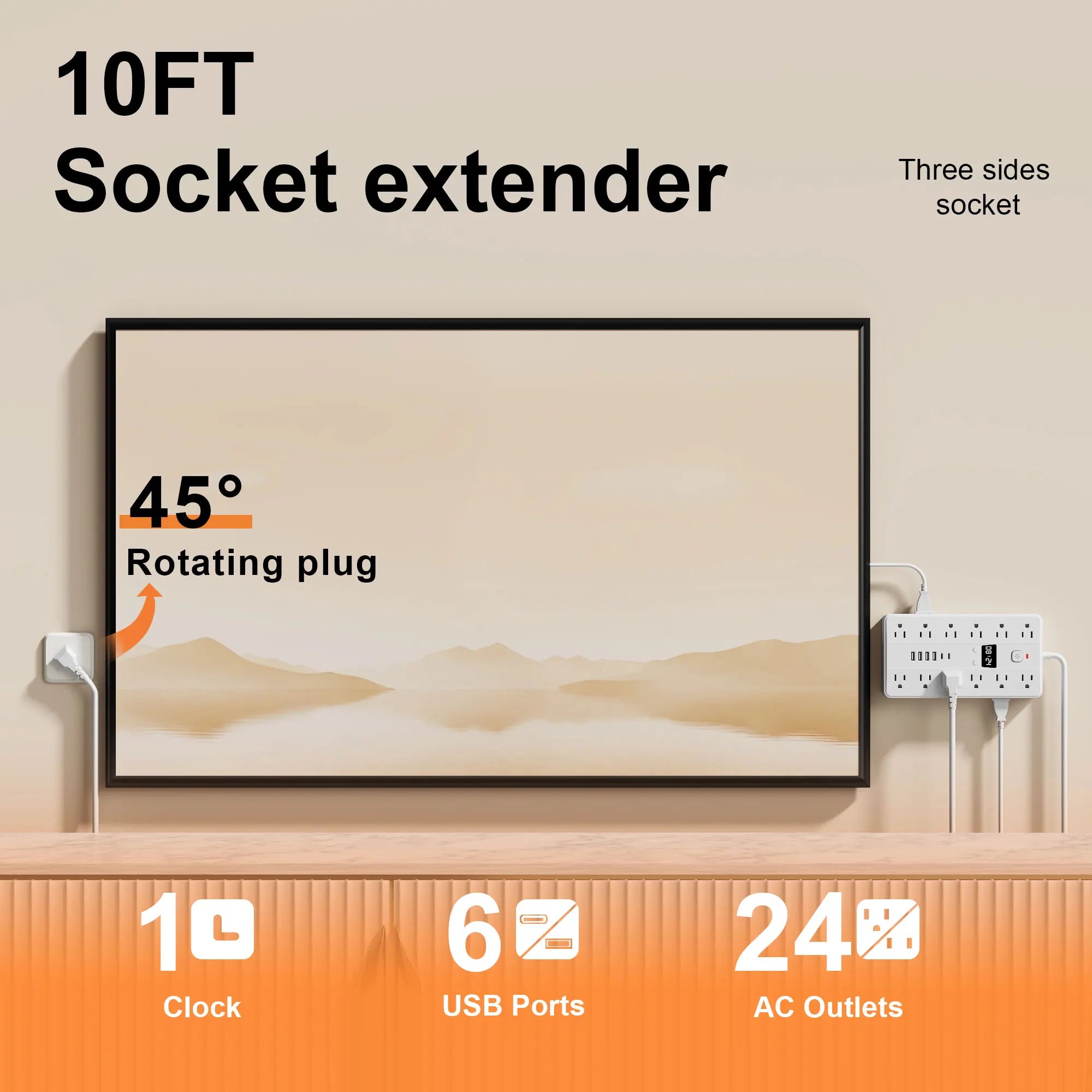 31-in-1 Multifunctional Power Socket – 3-Sided Power Strip with Time Display, 24 AC Outlets, 6 USB Ports & 2 USB-C Fast Charging Ports