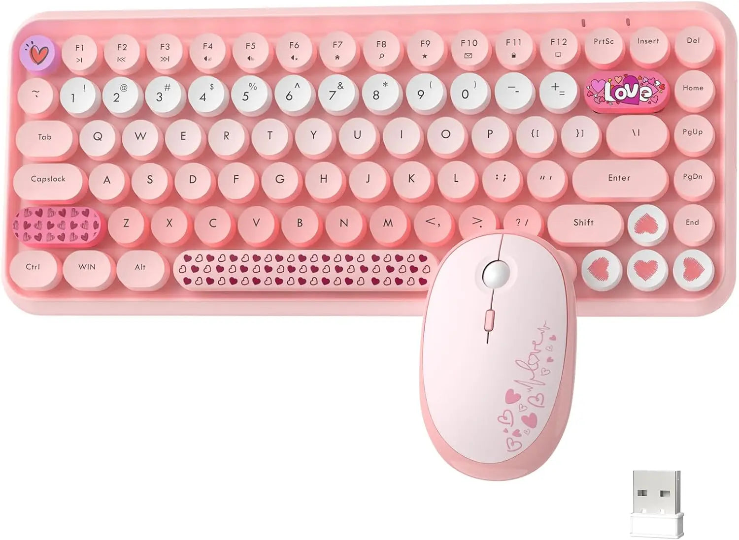 308i Pink Wireless Keyboard and Mouse Set – 2.4G Retro Typewriter Style with Gradient Round Keycaps & Cute Design