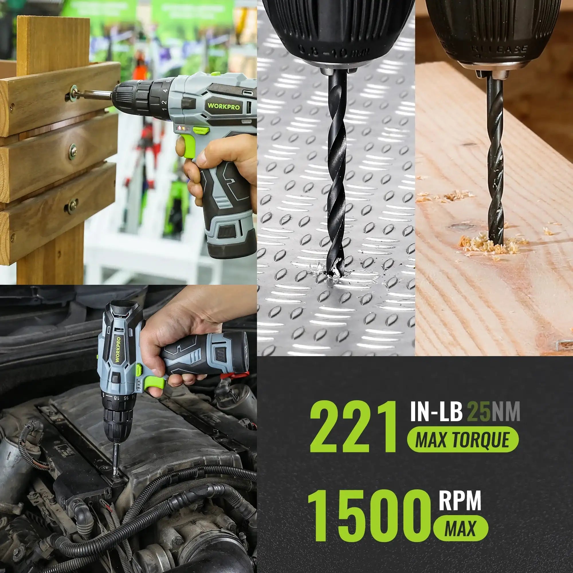 WORKPRO 108-Piece Home Tool Kit with 12 V Electric Drill/Driver & 3/8″ Keyless Chuck