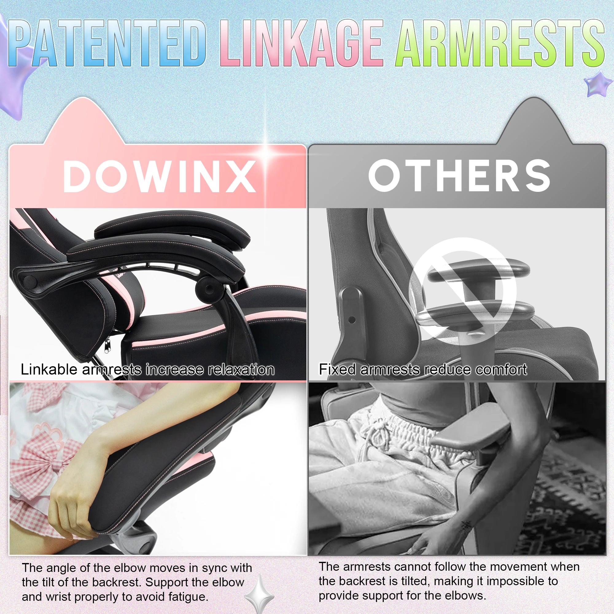 Dowinx Cute Gaming Chair with Cat Ears – Ergonomic Computer Chair with Massage Lumbar Pillow, Footrest & Headrest for Girls & Teens