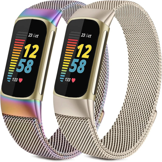 Chic Metallic Adjustable Stainless Steel Mesh Loop Replacement Straps (2-Pack) for Fitbit Charge 5 – Premium Style & Comfort