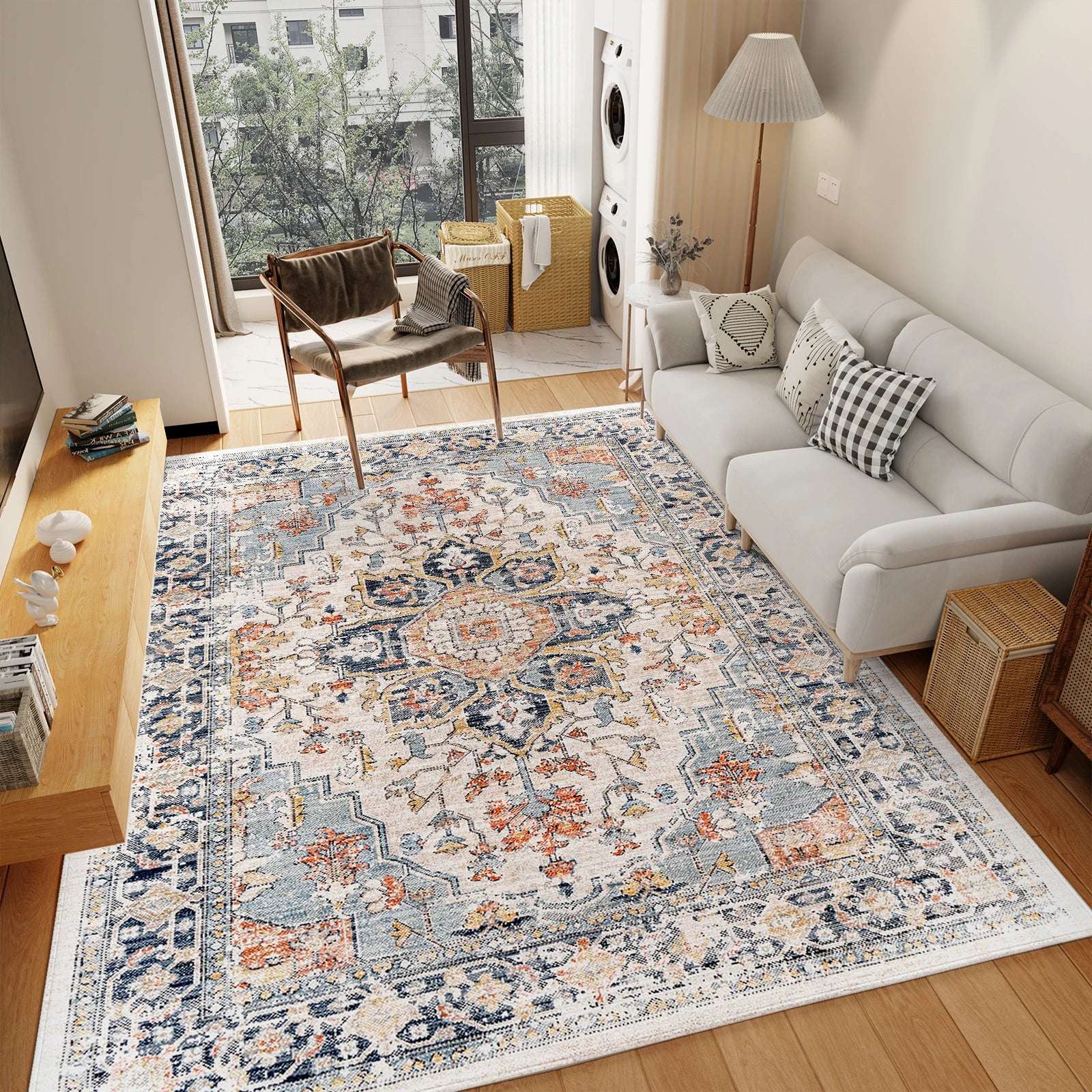 Vintage Boho Washable Area Rug – Non-Slip Cotton Blend Large Floor Carpet