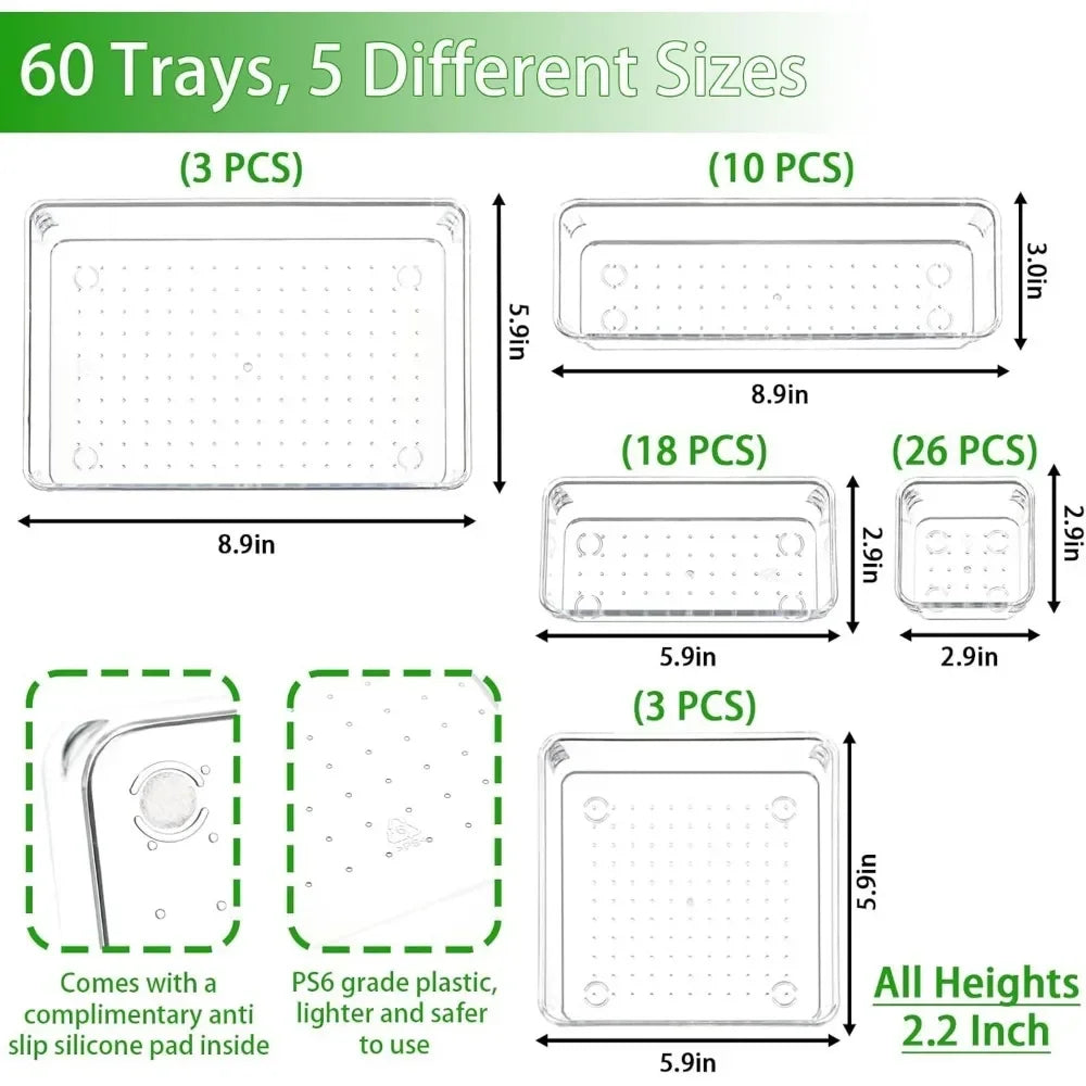 60-Piece Clear Plastic Drawer Organizer Tray Set – Multi-Size Storage Bins for Bathroom, Office & Cabinet