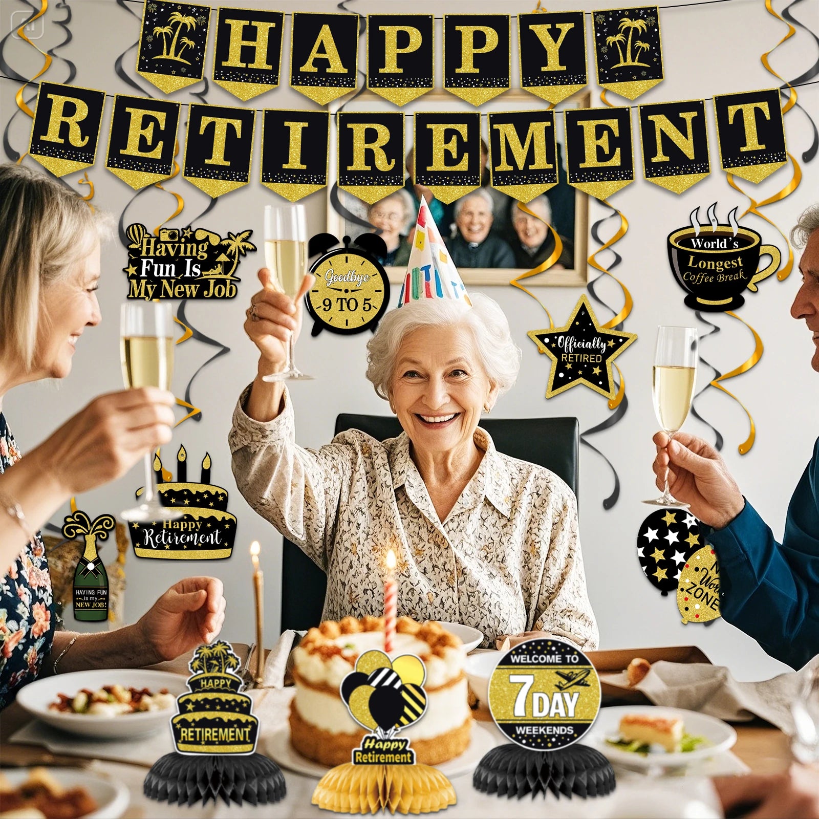 Elegant “Happy Retirement” Hanging Swirls & Banner Kit – Celebration Decorations Set for Men & Women