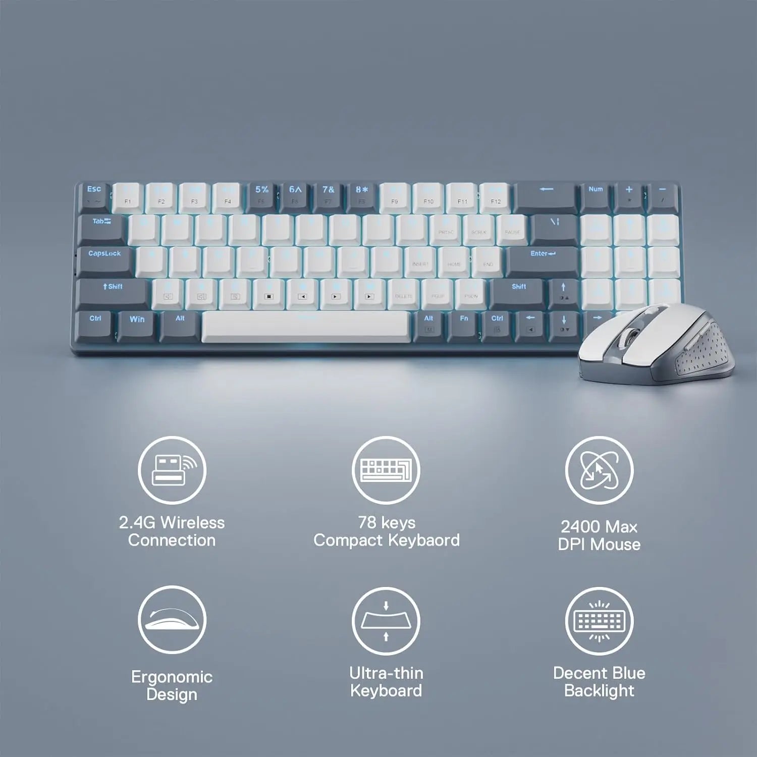 Redragon BS8772 Wireless Keyboard & Mouse Combo – 78-Key Low-Profile Mechanical Keyboard with 2.4GHz Wireless & 2400 DPI Mouse