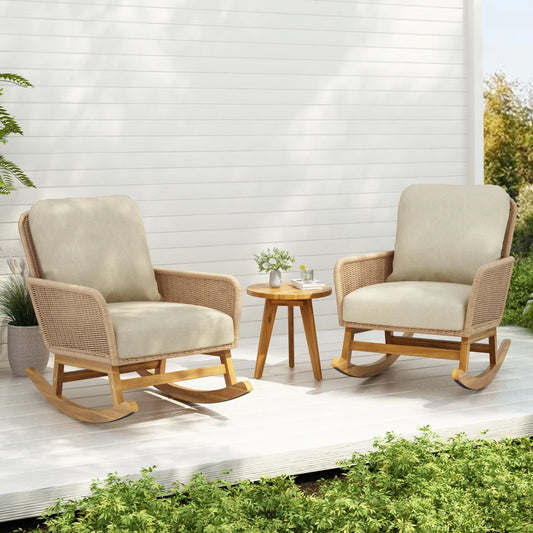 “3-Piece Modern Outdoor Seating Set – Beige Cushioned PE Rattan Rocking Chairs with Wooden Accent Table”