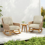 “3-Piece Modern Outdoor Seating Set – Beige Cushioned PE Rattan Rocking Chairs with Wooden Accent Table”