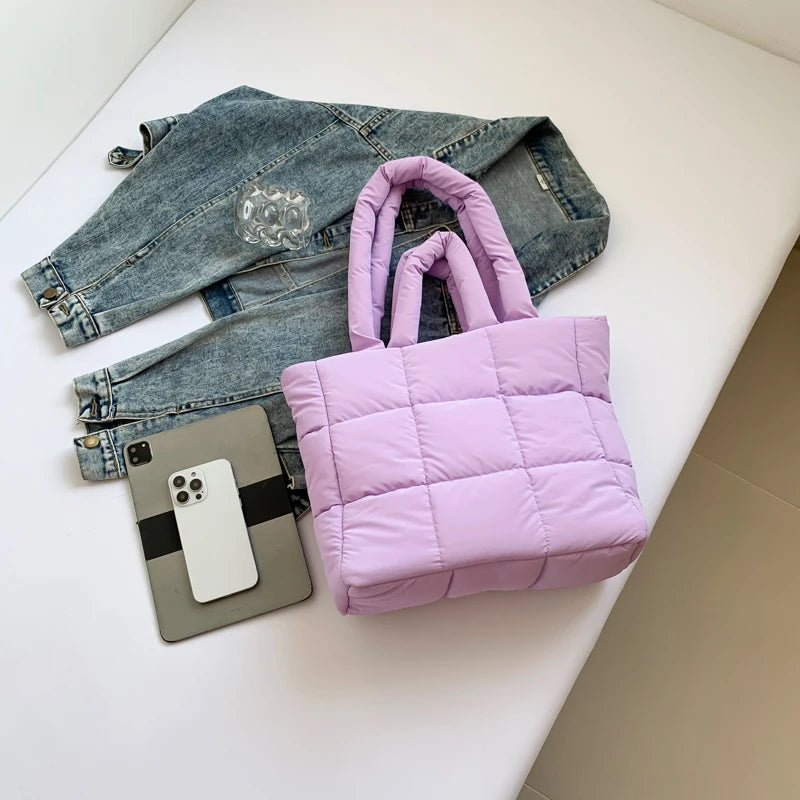 Women’s puffer tote bag – lightweight quilted padded shoulder handbag, solid-color fashion tote purse for outdoor travel, shopping & daily use