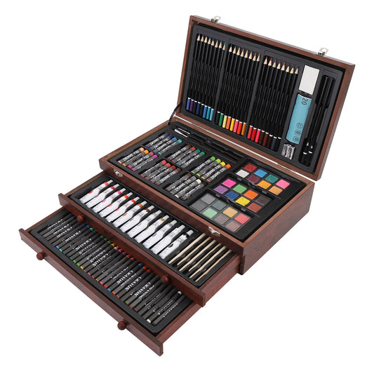 142-Piece Ultimate Wooden Art Set – Colored Pencils, Oil Pastels, Crayons & Watercolor Kit