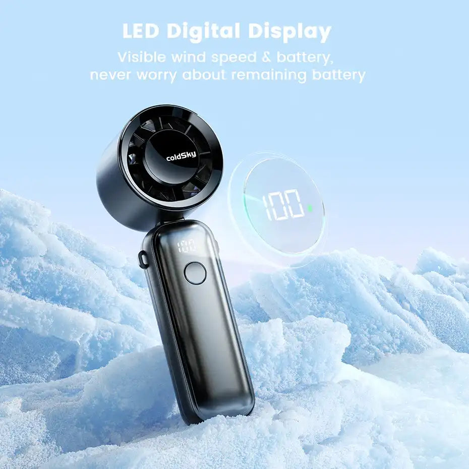 Portable Handheld Turbo Fan 5000 mAh – Rechargeable 6-Speed Foldable Neck & Desk Fan with Digital Display