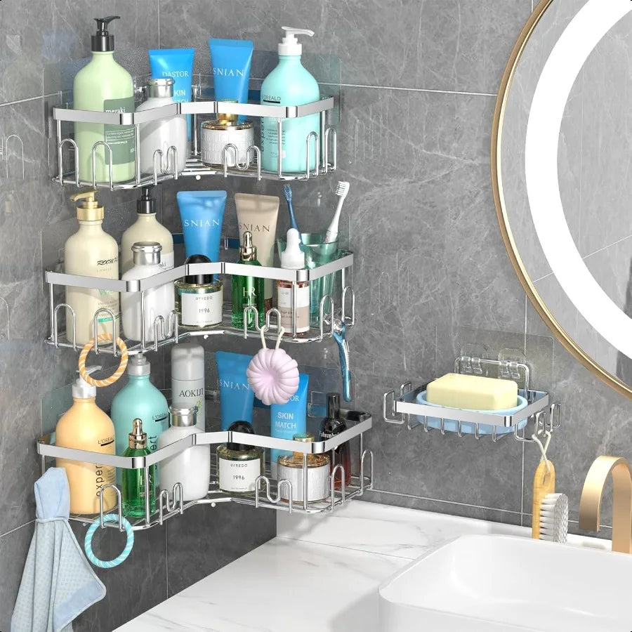 4-Pack Corner Shower Caddy with Soap Holder – No-Drill Adhesive Rust-Proof Shelves Black