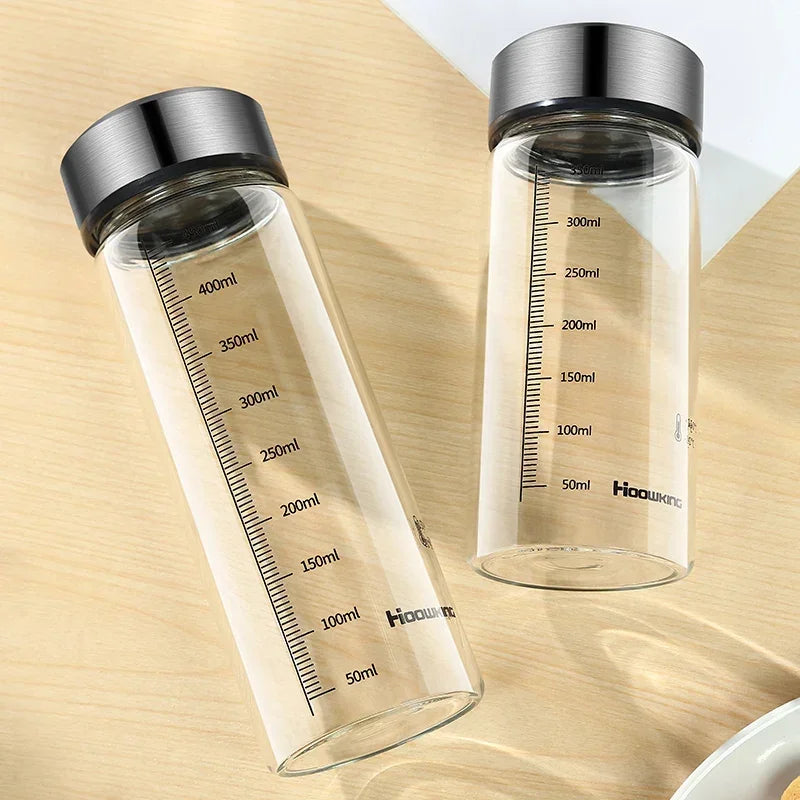 Portable Graduated Glass Water Bottle with Lid – Durable Transparent Travel Cup for Milk, Tea & Outdoor Sport