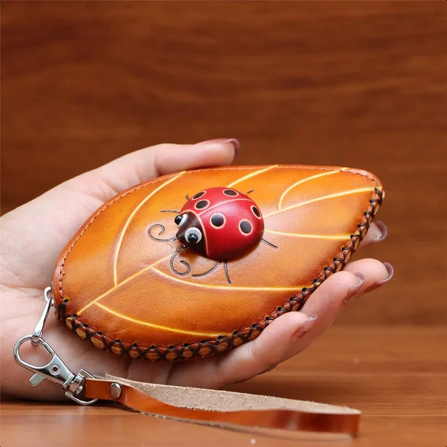 Handmade Leather Coin Purse – Ladies Leaf & Ladybug Creative Key Case Clutch Bag (Yellow)