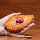 Handmade Leather Coin Purse – Ladies Leaf & Ladybug Creative Key Case Clutch Bag (Yellow)