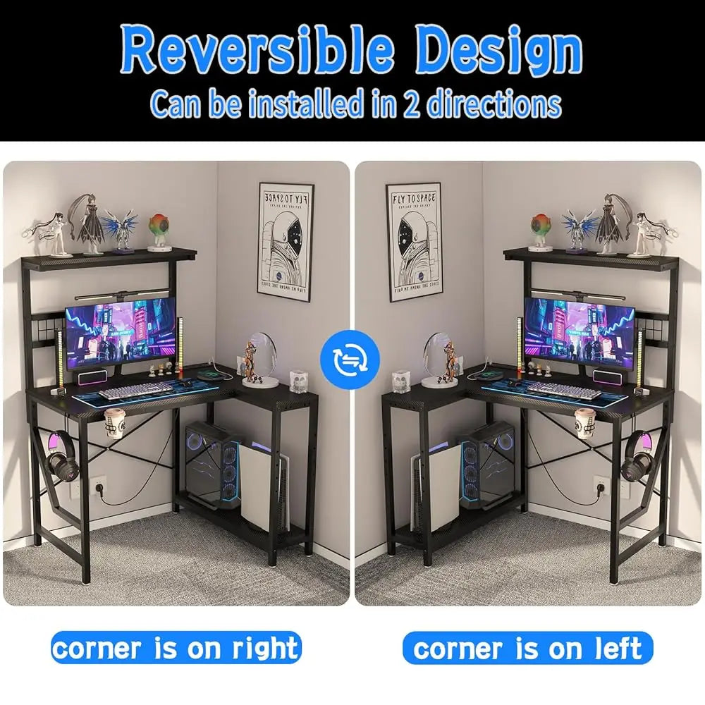 42″ L-Shaped Gaming Desk – Reversible Corner Computer Desk with Power Outlets, LED Lights, 3-Tier Shelves & Cup Holder
