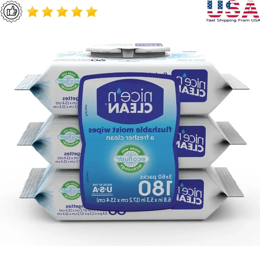 Plant-Based Flushable Wet Wipes – 3 Pack Aloe & Vitamin E Hypoallergenic, Eco-Friendly, Septic Safe & Toddler Friendly