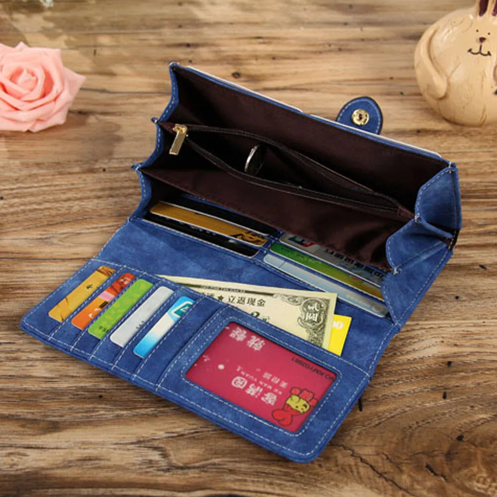 Women’s Faux Suede Long Wallet – Folding Buckle Purse with Phone Pocket, Card Holder & Elegant Clutch Gift Bag