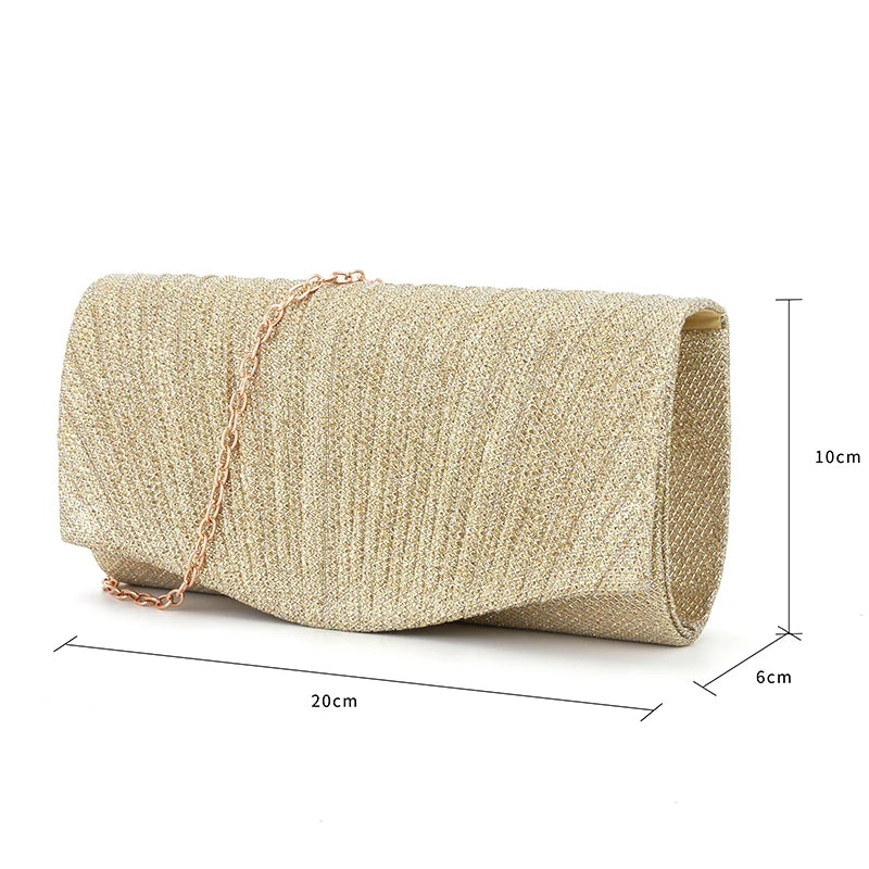 Women’s Fold Glitter Envelope Clutch – Shiny Silver Pleated Evening Bag with Chain Strap for Weddings & Parties