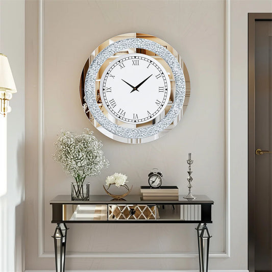 Luvodi Crystal Mirror Wall Clock – Sparkle Bling Diamond Round Wall Clock with Silver & Tawny Crushed Crystal Detailing