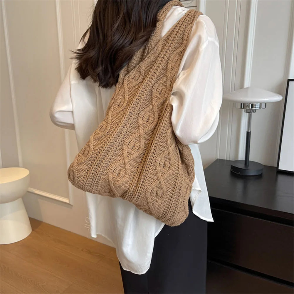 Wool-Knitted Shoulder Shopping Bag for Women – Vintage Cotton Cloth Tote, Large Crochet-Style Shopper Handbag