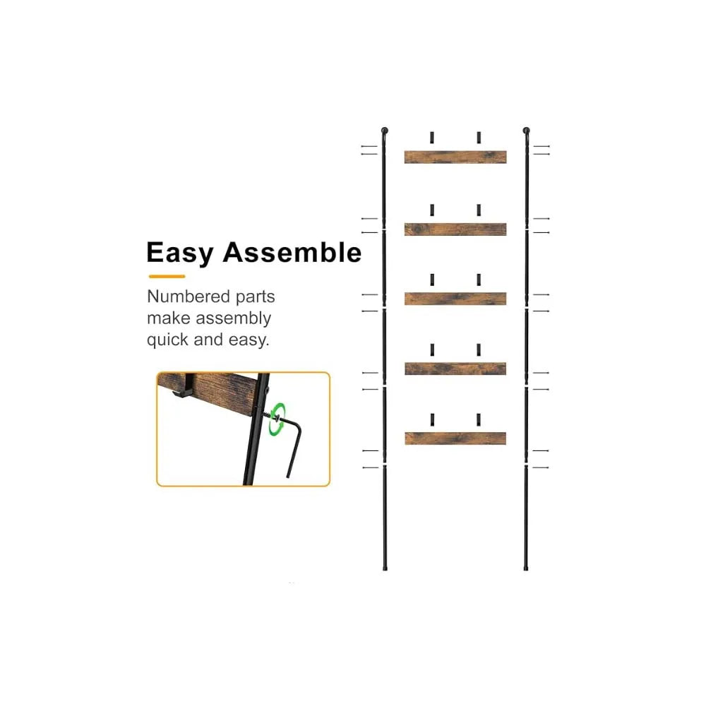 5-Tier Rustic Brown Blanket Ladder with 10 Hooks – Wall-Leaning Storage Rack for Living Room, Bedroom, Bathroom