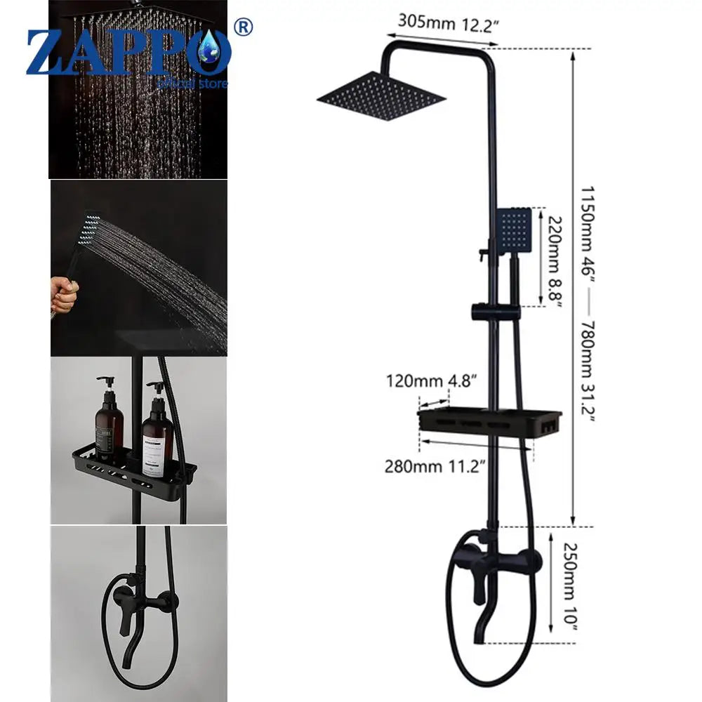Zappo Matte Black 8-Inch Rainfall Shower Set – Wall-Mounted 3/4-Function System with ABS Shelf