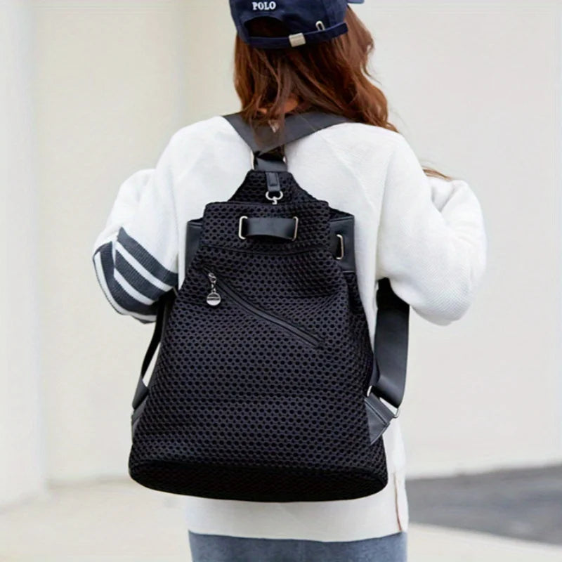 Retro Mesh Splicing Casual Backpack – Large Capacity Urban Shoulder Bag for Women