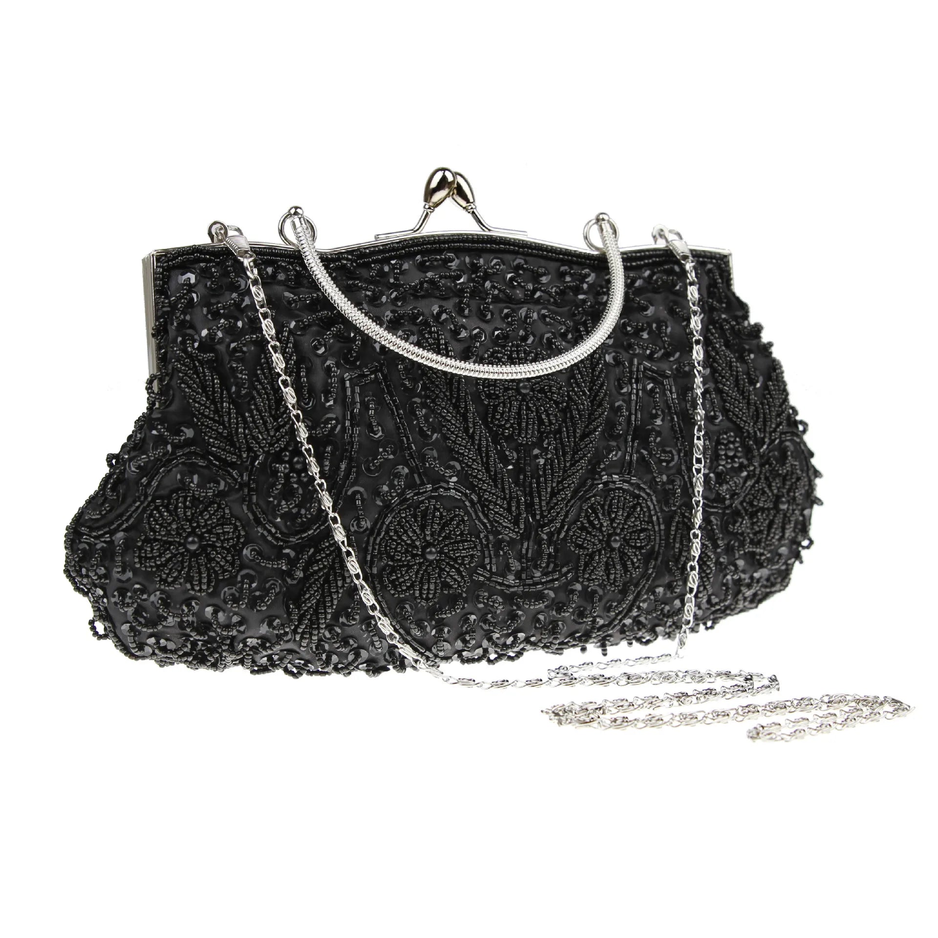 Women’s Retro Beaded Embroidered Tote – Small Evening Clutch Purse with Shoulder Chain for Weddings & Parties
