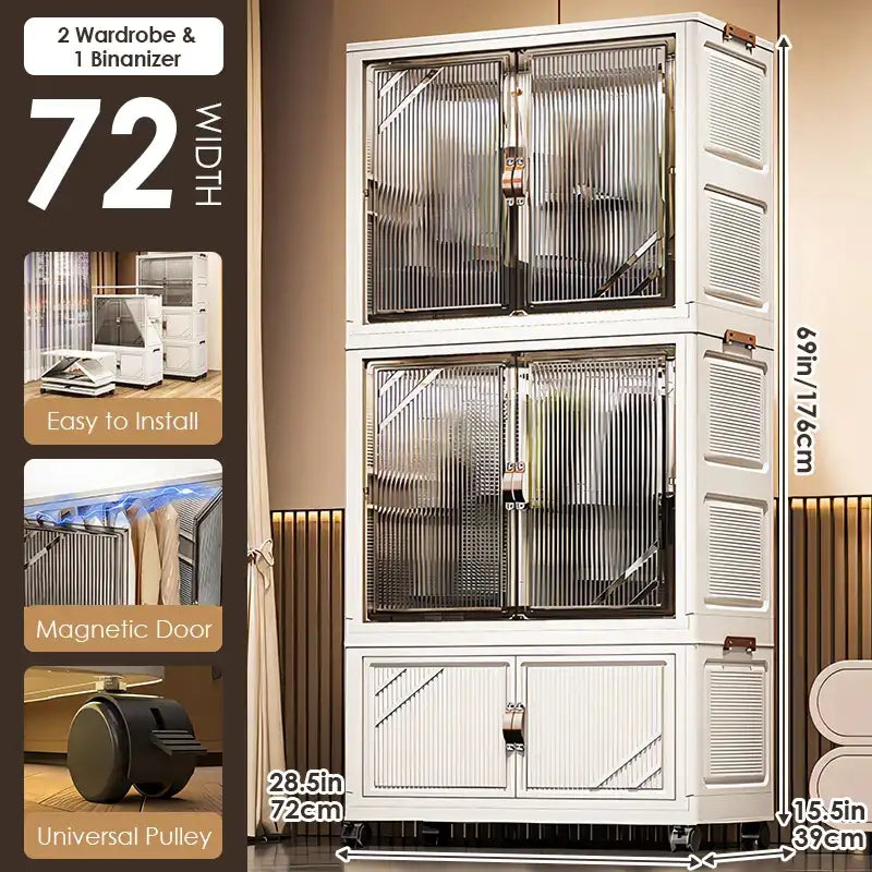 Multi-Layer Folding Storage Cabinet with Wheels – Large Capacity Rolling Organizer Wardrobe